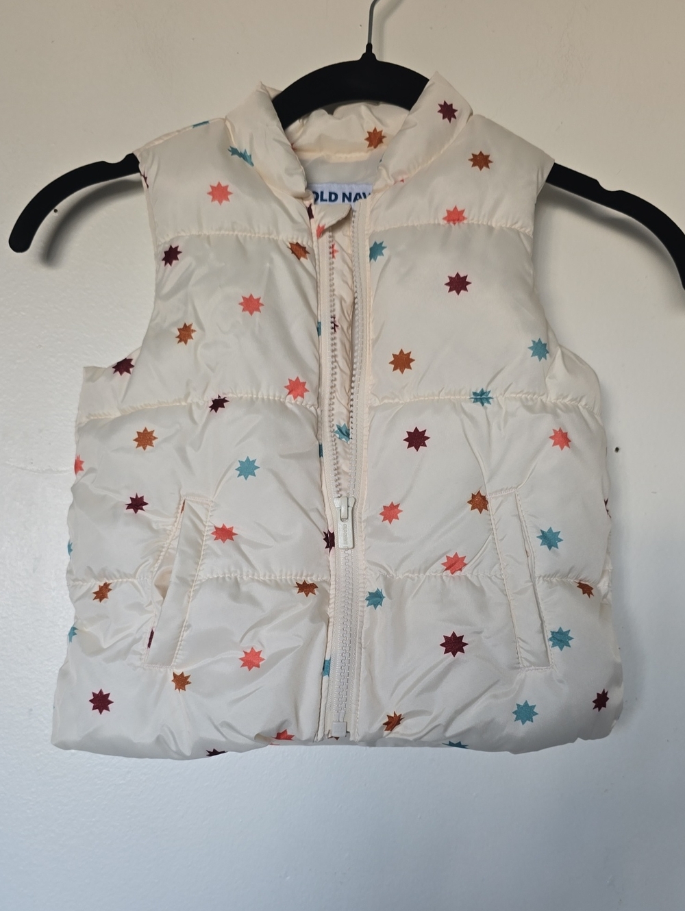 Old Navy Cream Puffer Vest with Blue, Pink, Orange and Burgundy Stars - Kids